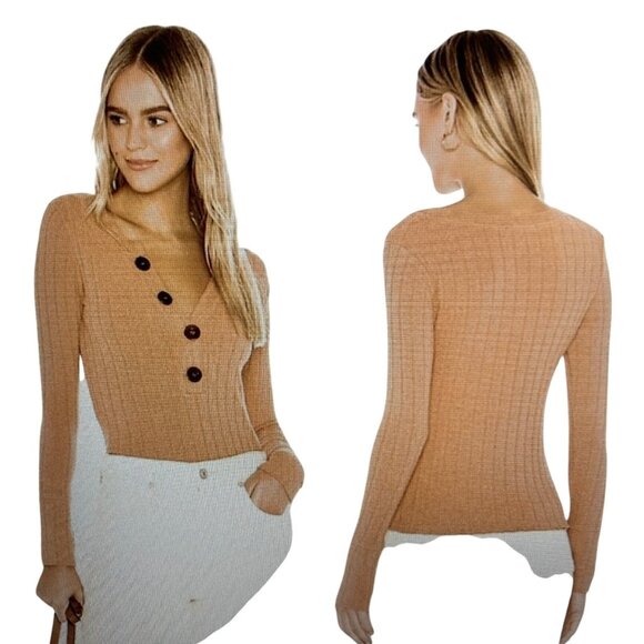 Free People Sweaters - FREE PEOPLE Women’s Boho Long Sleeve Ribbed Henley Top Clay Large  EUC